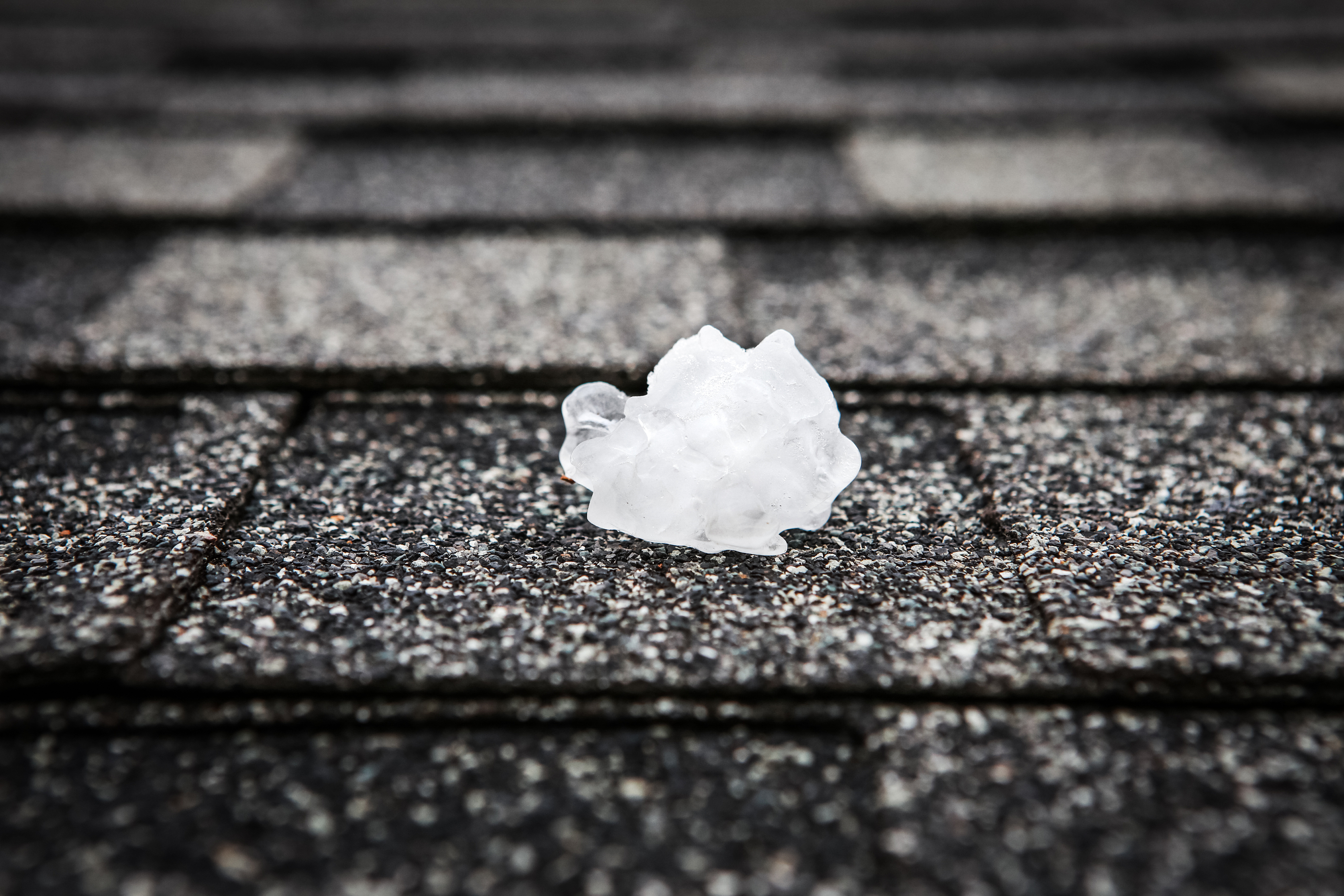 A large hailstone rests on asphalt roof shingles after a hailstorm.