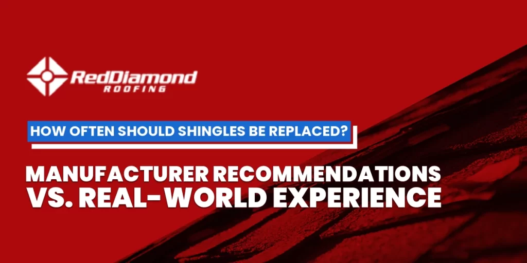 Red Diamond Roofing blog header asking 'How Often Should Shingles Be Replaced?' comparing manufacturer recommendations versus real-world experience on red textured background