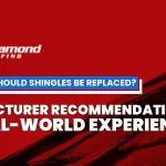 Red Diamond Roofing blog header asking 'How Often Should Shingles Be Replaced?' comparing manufacturer recommendations versus real-world experience on red textured background