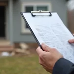 Roof inspector holding a clipboard with storm damage report outside a home