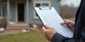 Roof inspector holding a clipboard with storm damage report outside a home