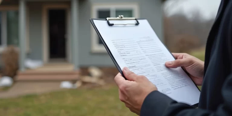 Roof inspector holding a clipboard with storm damage report outside a home