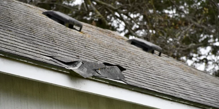 Torn and lifted asphalt roof shingles showing storm damage that requires professional roof repair assessment