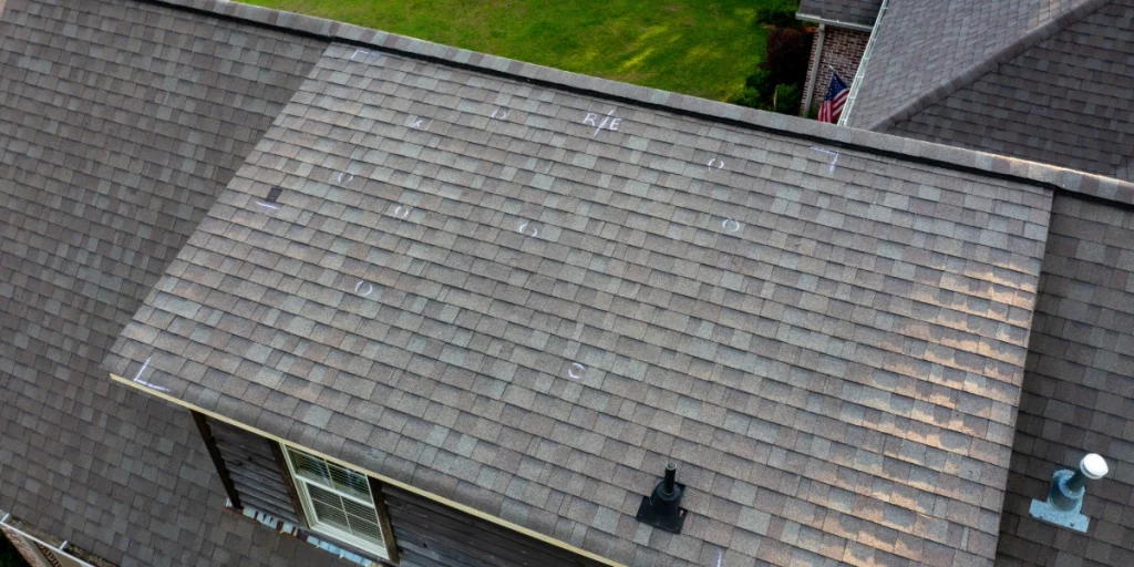 Aerial view of hail damage to an asphalt shingle roof on Colorado home needing roof replacement