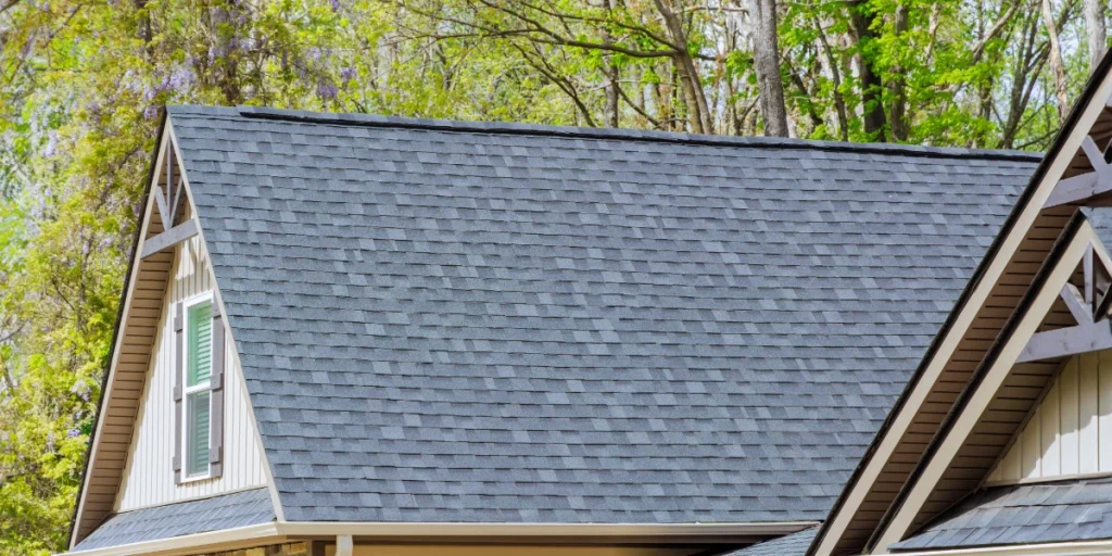 Close-up of a charcoal asphalt shingle roof on a residential home in Colorado