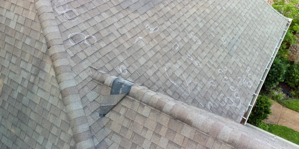Asphalt shingle roof with chalk circles marking hail damage impacts during a storm damage inspection.