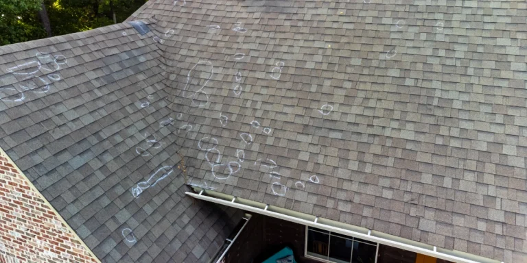 Asphalt shingle roof marked with chalk circles highlighting hail damage spots from a Colorado roof inspection